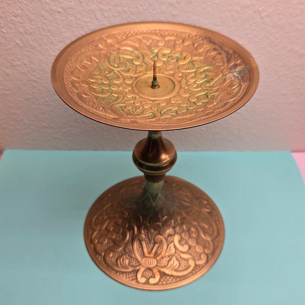Vintage Etched Brass Altar Pillar Taper Candle Holder Ornate Pedestal India
